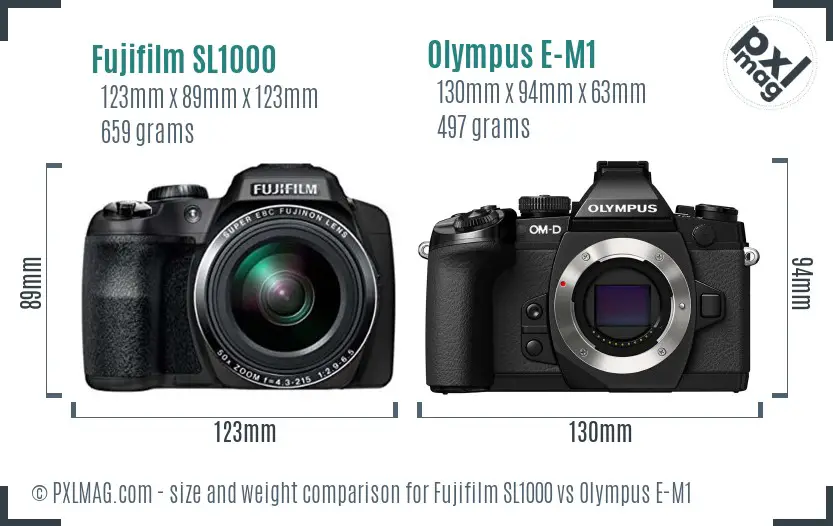 Fujifilm SL1000 vs Olympus E-M1 size comparison