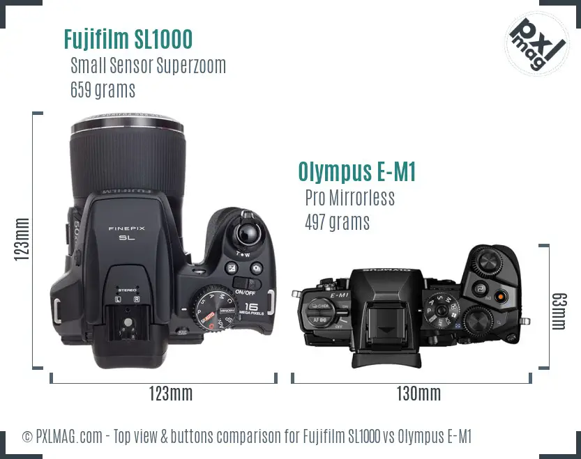 Fujifilm SL1000 vs Olympus E-M1 top view buttons comparison