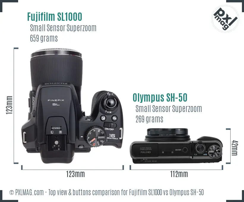 Fujifilm SL1000 vs Olympus SH-50 top view buttons comparison Fujifilm SL1000 vs Olympus SH-50 top view buttons comparison