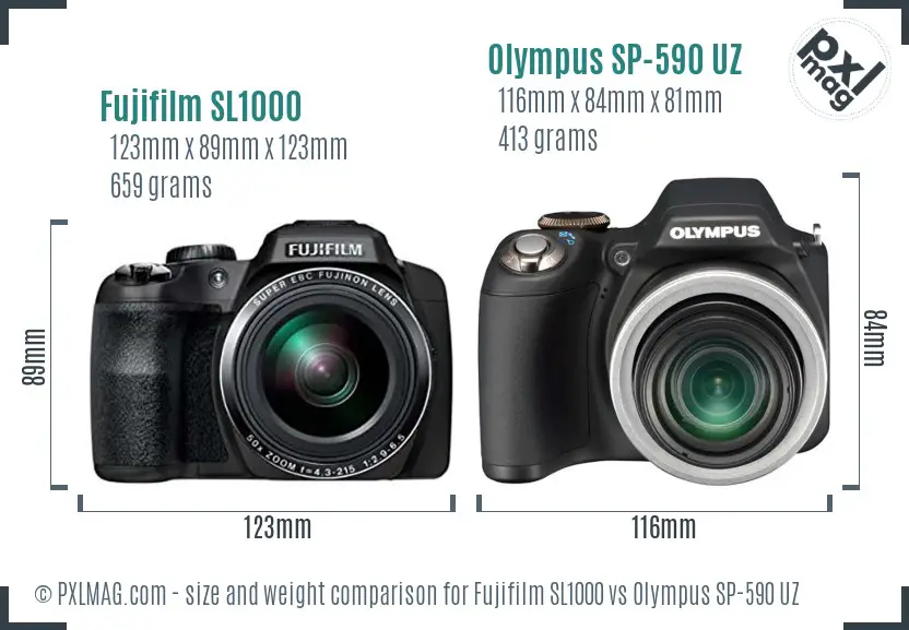 Fujifilm SL1000 vs Olympus SP-590 UZ size comparison