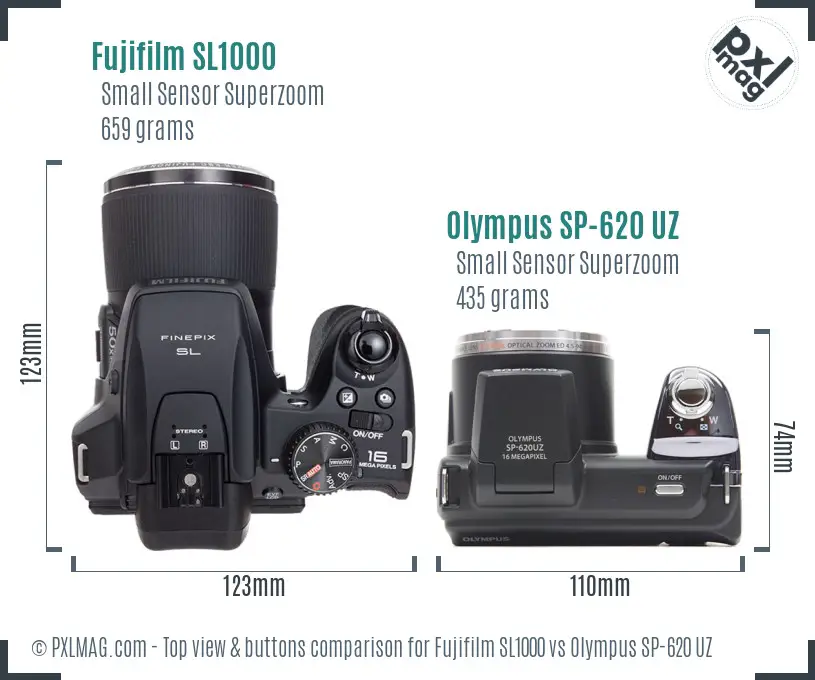 Fujifilm SL1000 vs Olympus SP-620 UZ top view buttons comparison