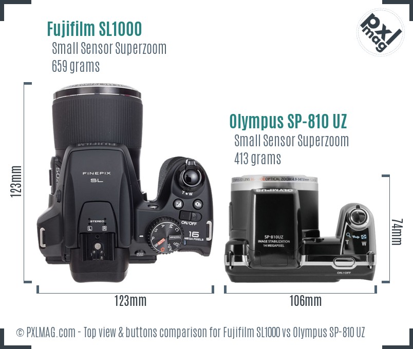 Fujifilm SL1000 vs Olympus SP-810 UZ top view buttons comparison