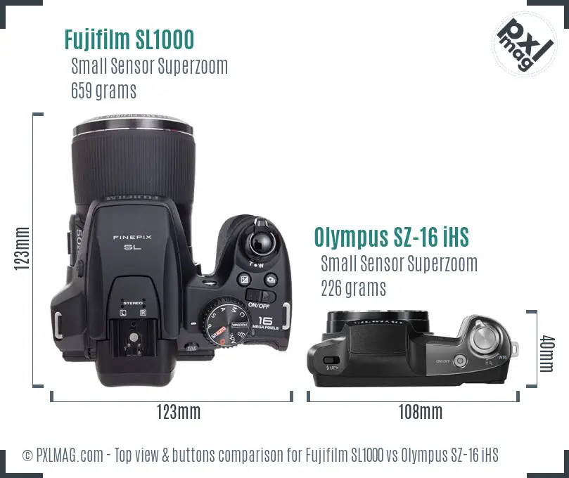 Fujifilm SL1000 vs Olympus SZ-16 iHS top view buttons comparison