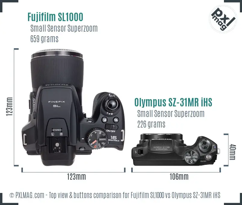 Fujifilm SL1000 vs Olympus SZ-31MR iHS top view buttons comparison Fujifilm SL1000 vs Olympus SZ-31MR iHS top view buttons comparison