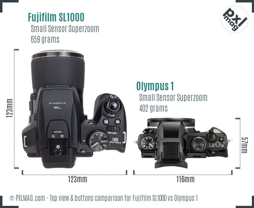 Fujifilm SL1000 vs Olympus 1 top view buttons comparison