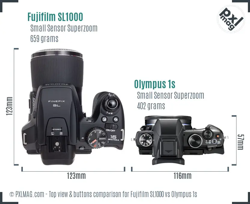 Fujifilm SL1000 vs Olympus 1s top view buttons comparison
