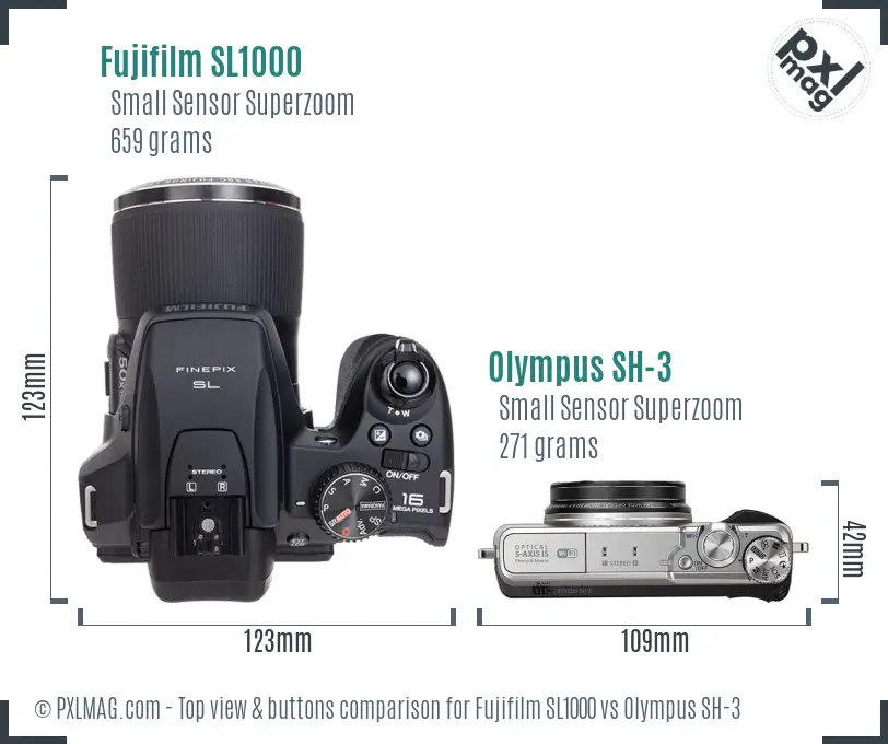 Fujifilm SL1000 vs Olympus SH-3 top view buttons comparison Fujifilm SL1000 vs Olympus SH-3 top view buttons comparison