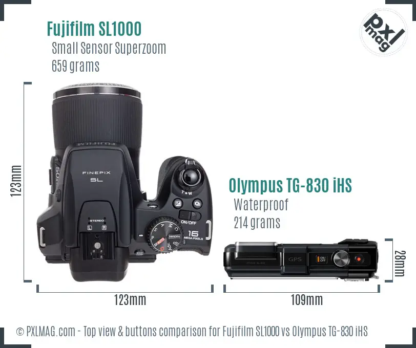 Fujifilm SL1000 vs Olympus TG-830 iHS top view buttons comparison