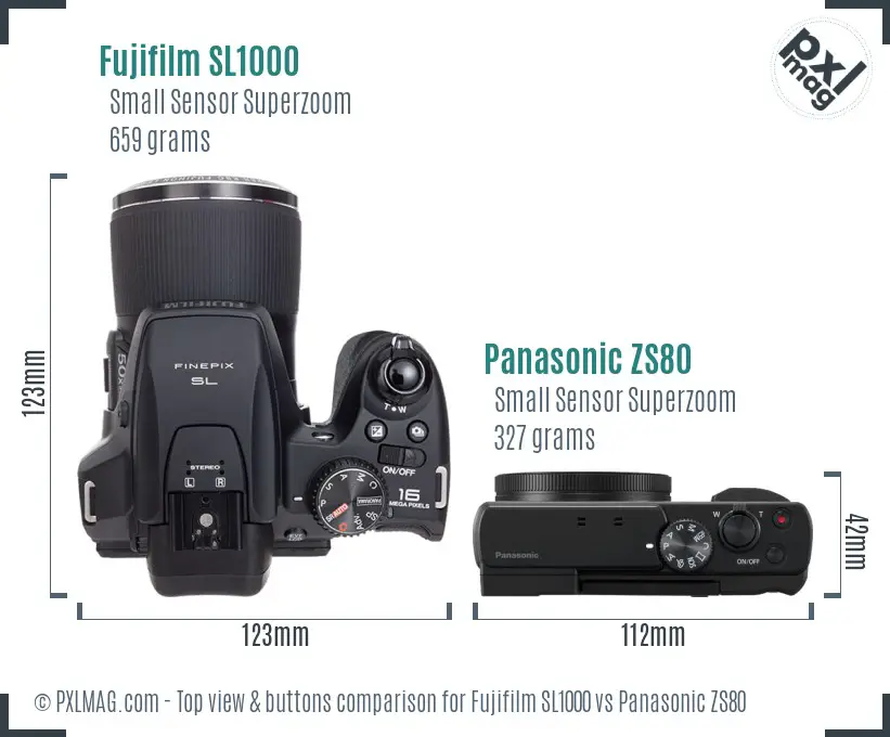 Fujifilm SL1000 vs Panasonic ZS80 top view buttons comparison