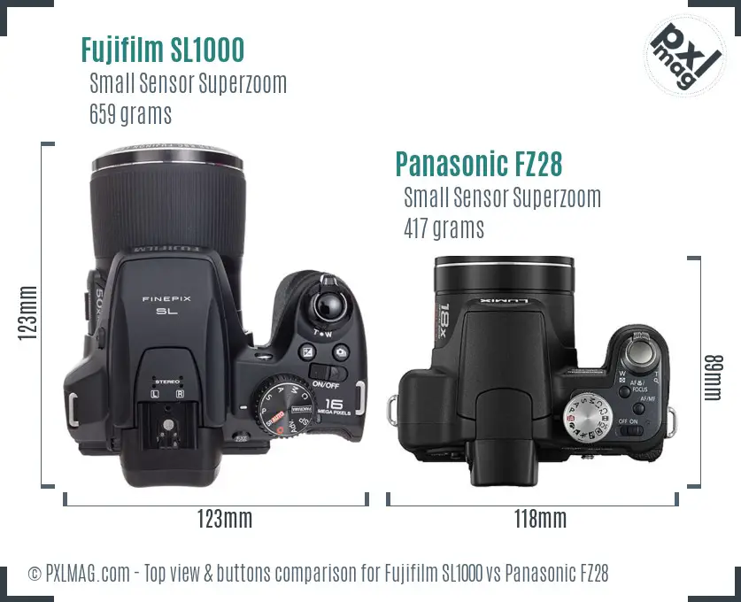 Fujifilm SL1000 vs Panasonic FZ28 top view buttons comparison Fujifilm SL1000 vs Panasonic FZ28 top view buttons comparison