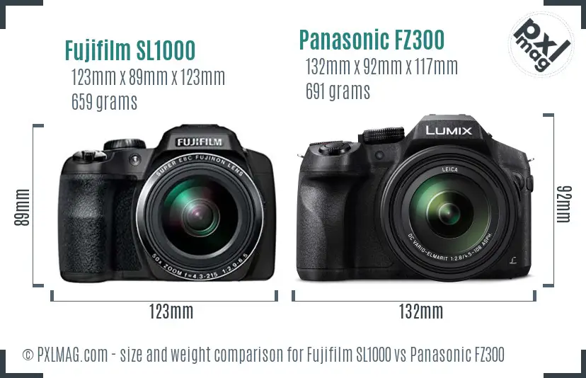 Fujifilm SL1000 vs Panasonic FZ300 size comparison