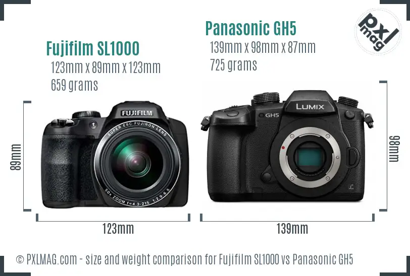 Fujifilm SL1000 vs Panasonic GH5 size comparison
