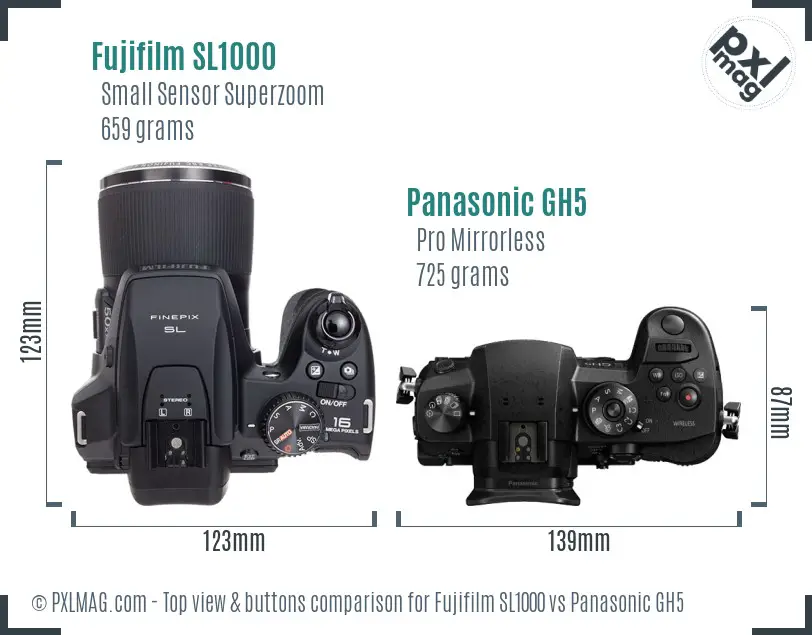 Fujifilm SL1000 vs Panasonic GH5 top view buttons comparison