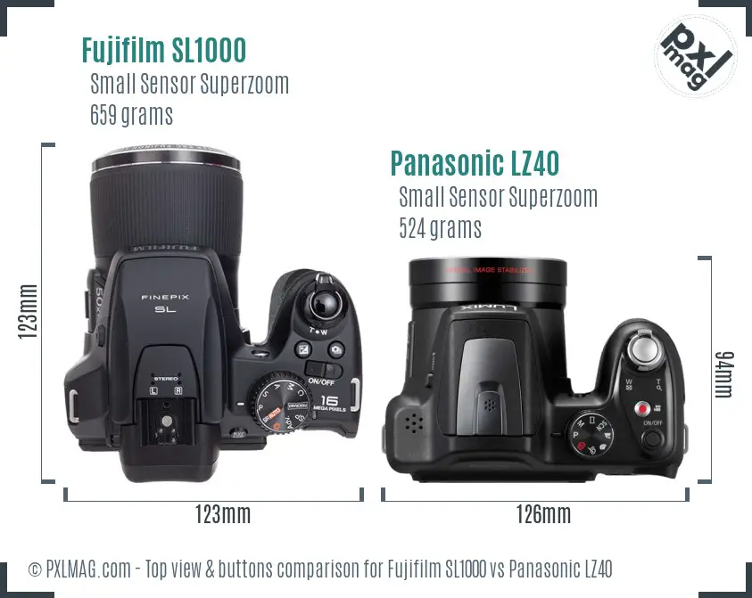 Fujifilm SL1000 vs Panasonic LZ40 top view buttons comparison Fujifilm SL1000 vs Panasonic LZ40 top view buttons comparison