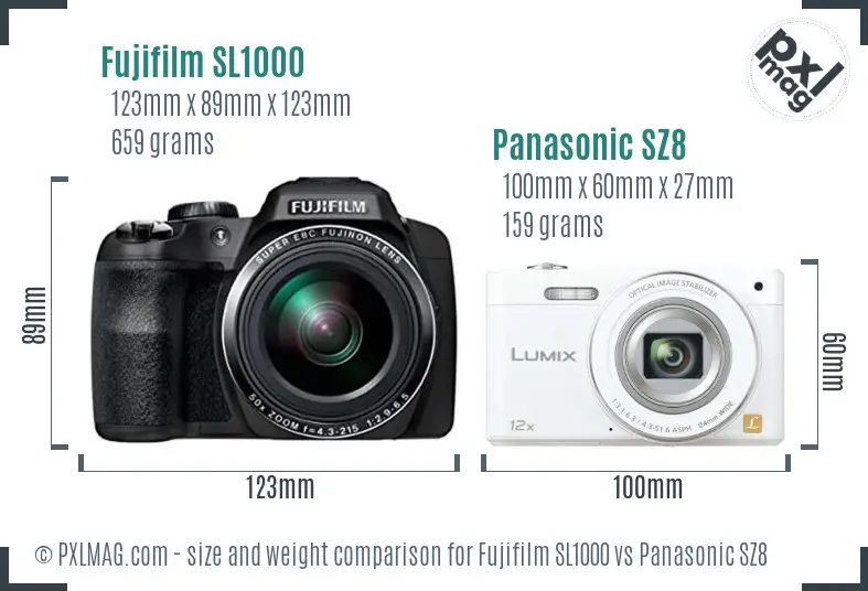 Fujifilm SL1000 vs Panasonic SZ8 size comparison