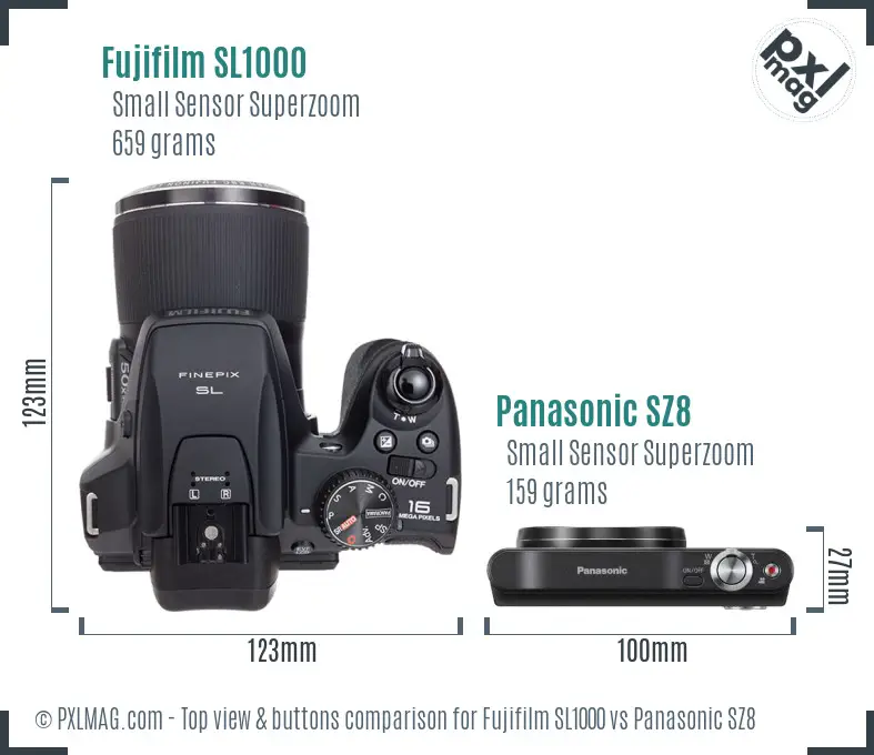 Fujifilm SL1000 vs Panasonic SZ8 top view buttons comparison