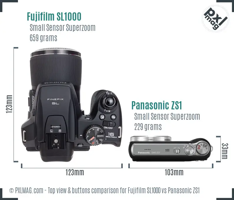 Fujifilm SL1000 vs Panasonic ZS1 top view buttons comparison