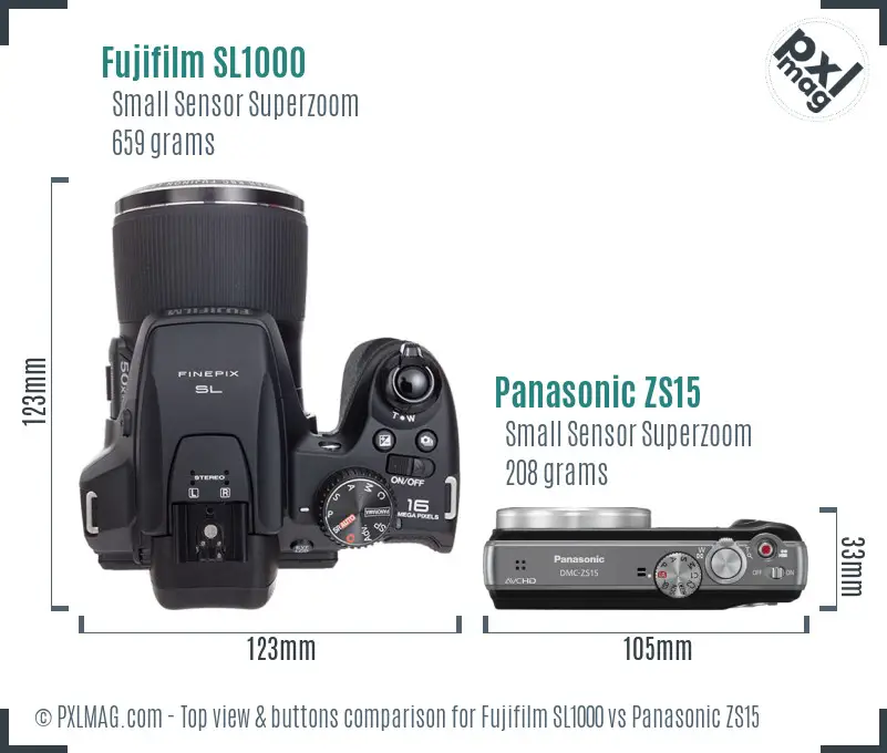 Fujifilm SL1000 vs Panasonic ZS15 top view buttons comparison