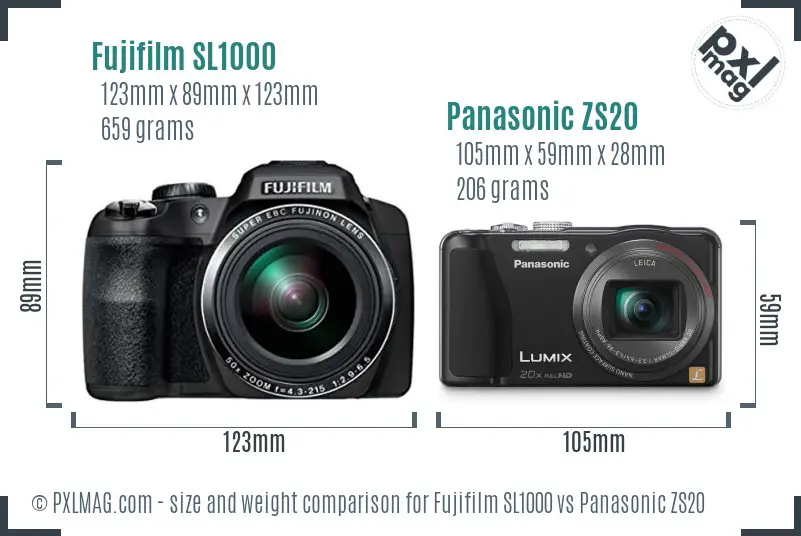 Fujifilm SL1000 vs Panasonic ZS20 size comparison