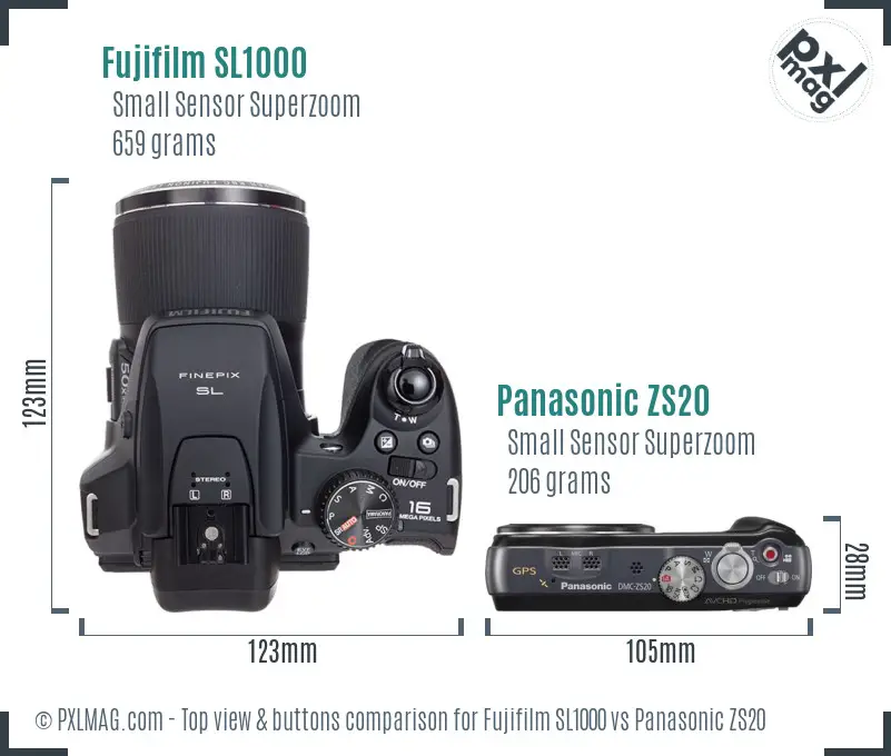 Fujifilm SL1000 vs Panasonic ZS20 top view buttons comparison