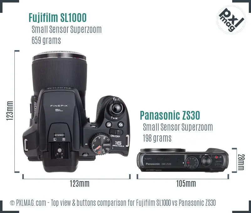 Fujifilm SL1000 vs Panasonic ZS30 top view buttons comparison