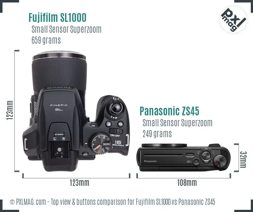 Fujifilm SL1000 vs Panasonic ZS45 top view buttons comparison