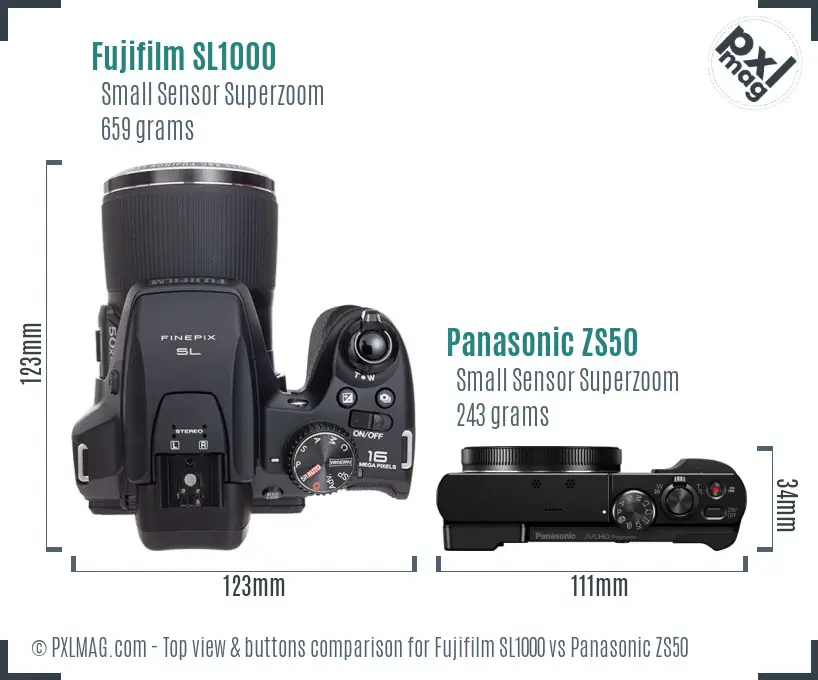 Fujifilm SL1000 vs Panasonic ZS50 top view buttons comparison