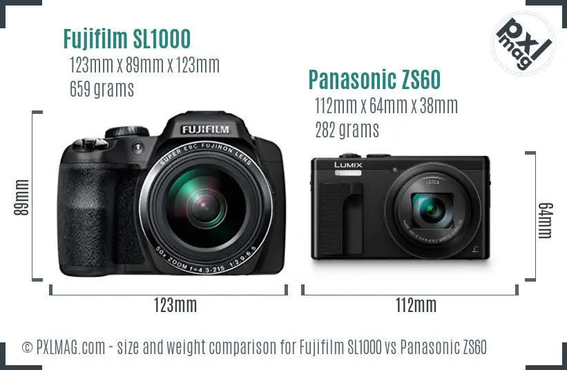 Fujifilm SL1000 vs Panasonic ZS60 size comparison