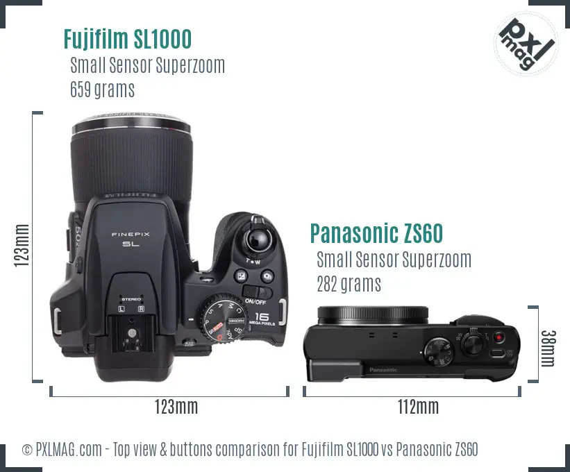 Fujifilm SL1000 vs Panasonic ZS60 top view buttons comparison