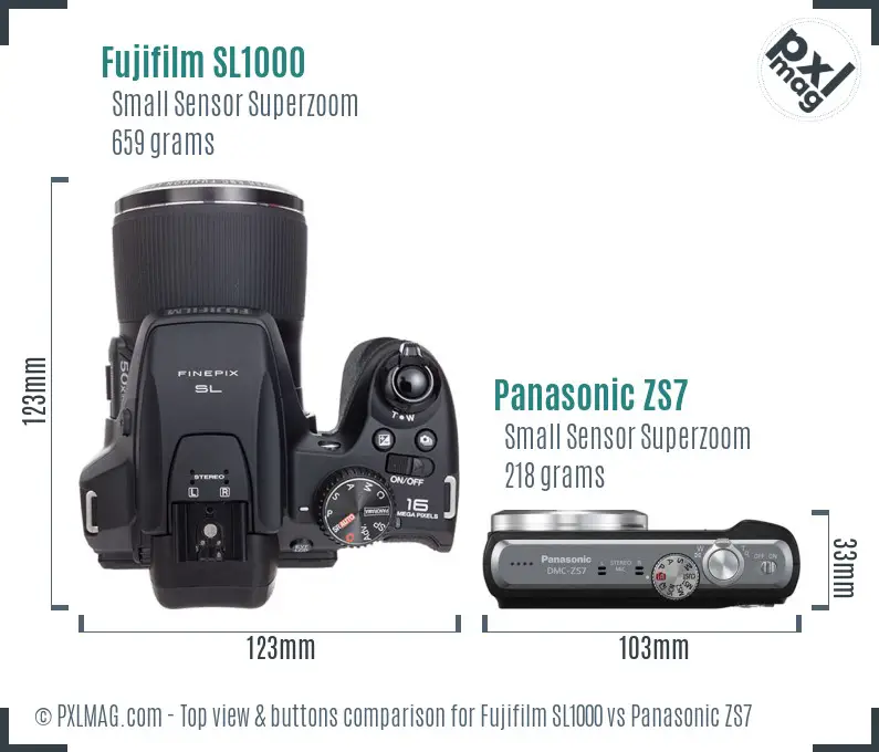 Fujifilm SL1000 vs Panasonic ZS7 top view buttons comparison Fujifilm SL1000 vs Panasonic ZS7 top view buttons comparison