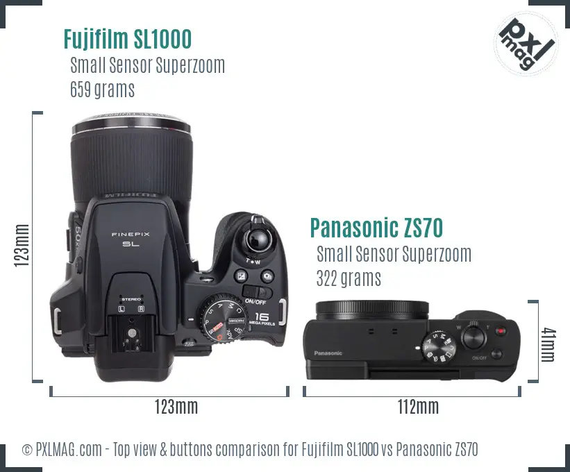 Fujifilm SL1000 vs Panasonic ZS70 top view buttons comparison