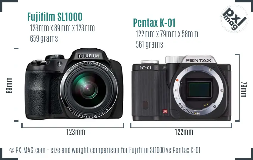 Fujifilm SL1000 vs Pentax K-01 size comparison
