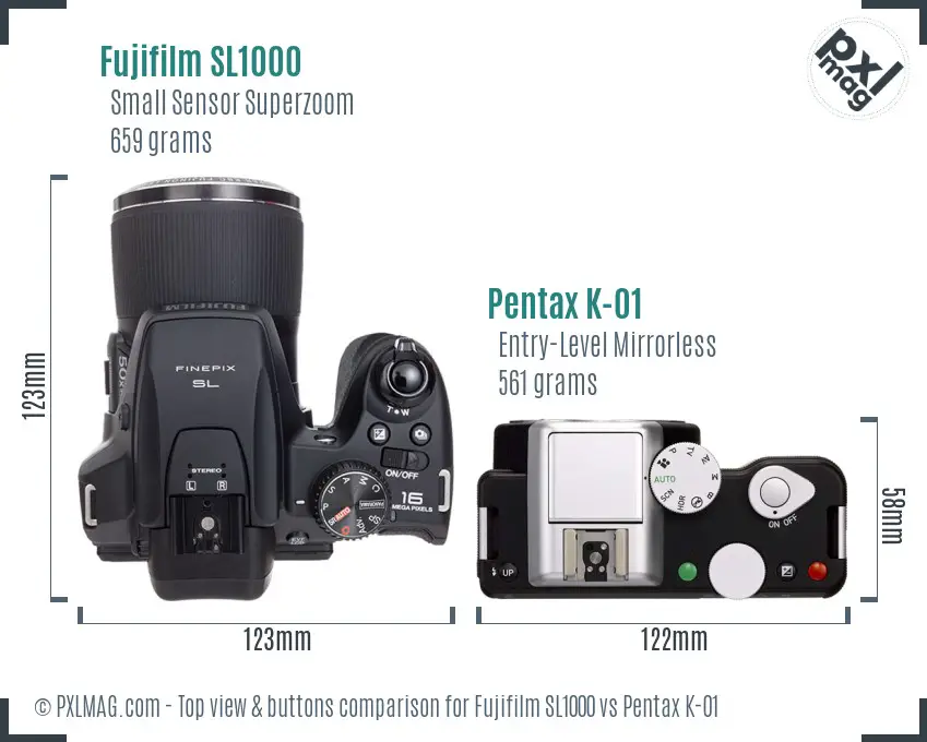 Fujifilm SL1000 vs Pentax K-01 top view buttons comparison