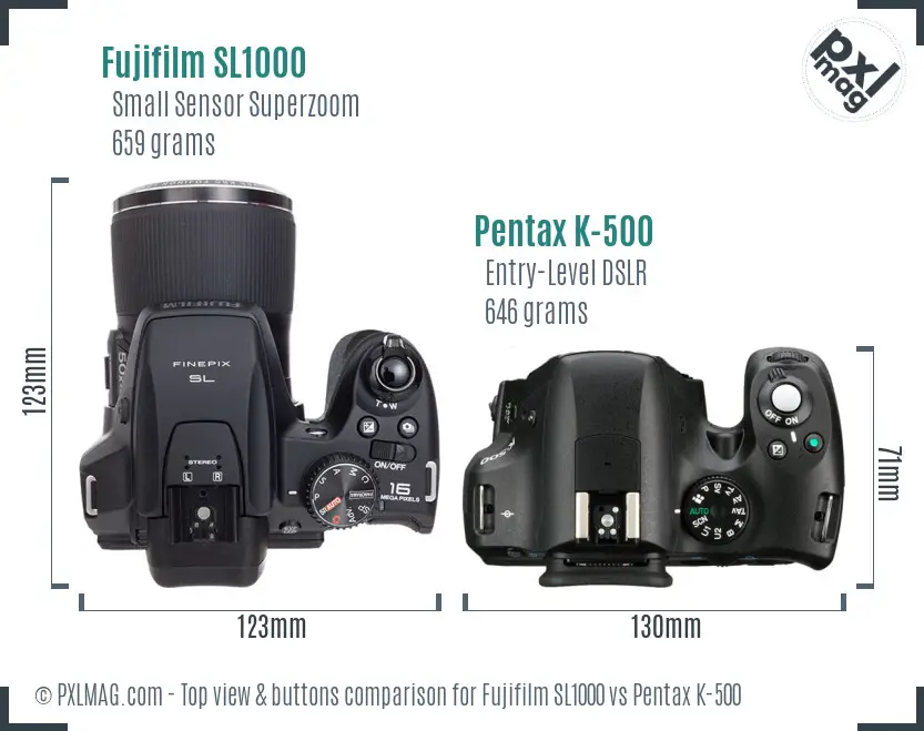 Fujifilm SL1000 vs Pentax K-500 top view buttons comparison