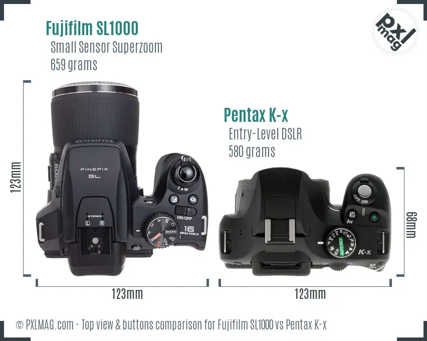 Fujifilm SL1000 vs Pentax K-x top view buttons comparison