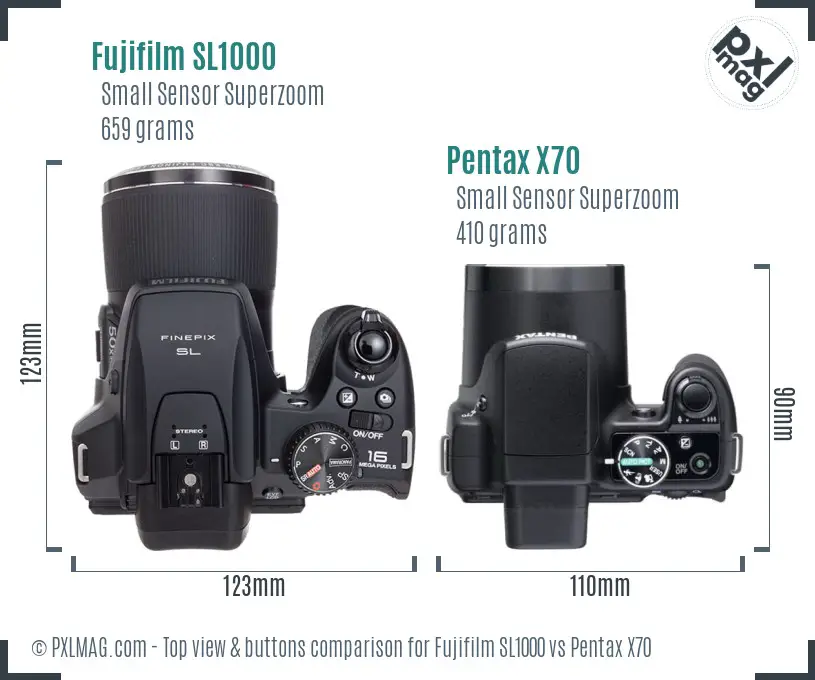 Fujifilm SL1000 vs Pentax X70 top view buttons comparison