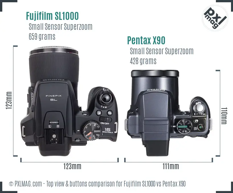Fujifilm SL1000 vs Pentax X90 top view buttons comparison