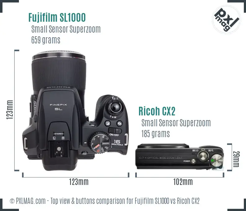 Fujifilm SL1000 vs Ricoh CX2 top view buttons comparison