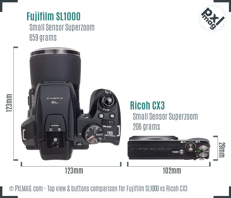 Fujifilm SL1000 vs Ricoh CX3 top view buttons comparison