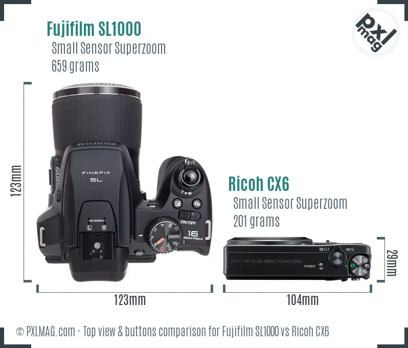 Fujifilm SL1000 vs Ricoh CX6 top view buttons comparison Fujifilm SL1000 vs Ricoh CX6 top view buttons comparison