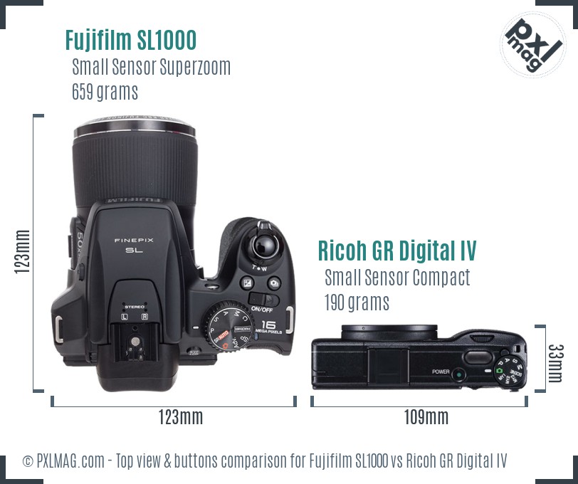 Fujifilm SL1000 vs Ricoh GR Digital IV top view buttons comparison