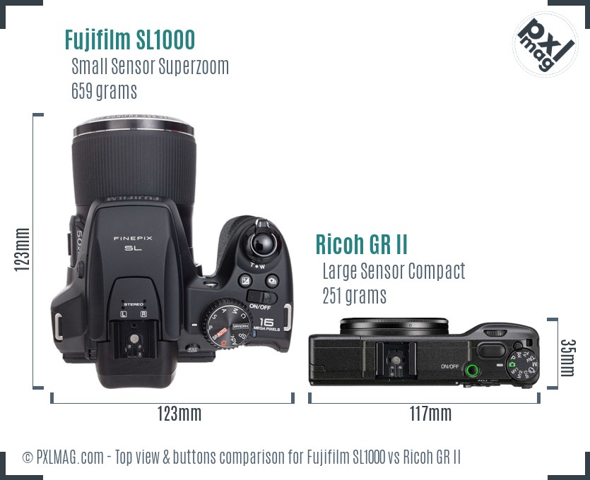 Fujifilm SL1000 vs Ricoh GR II top view buttons comparison