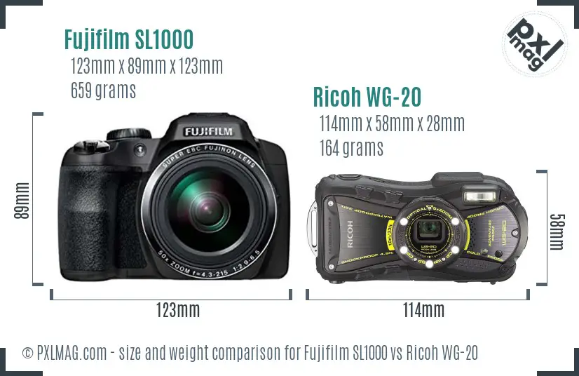 Fujifilm SL1000 vs Ricoh WG-20 size comparison