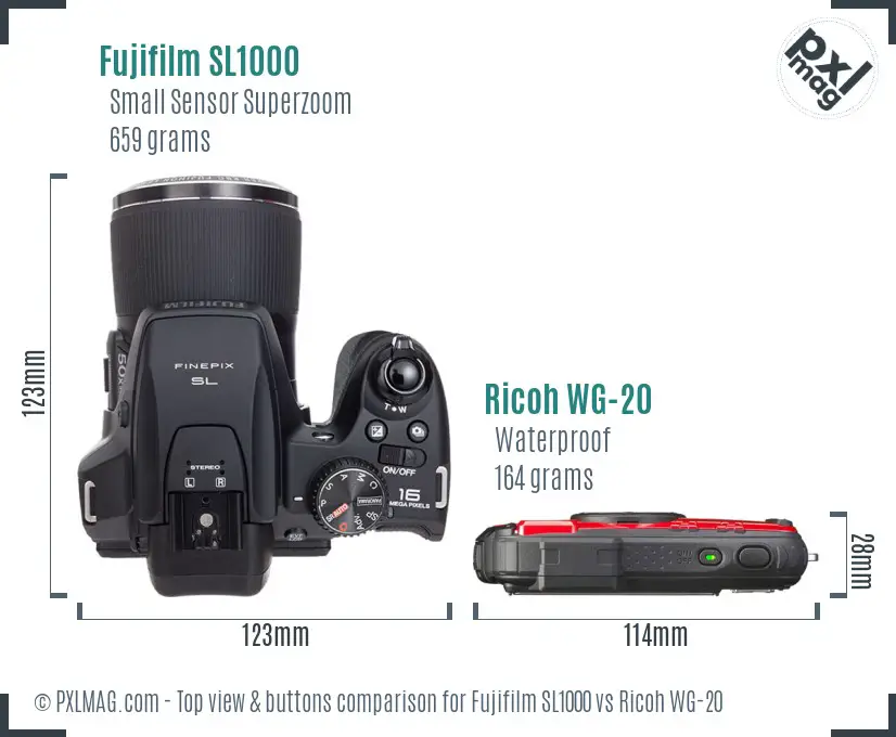 Fujifilm SL1000 vs Ricoh WG-20 top view buttons comparison