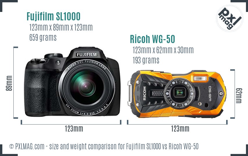 Fujifilm SL1000 vs Ricoh WG-50 size comparison