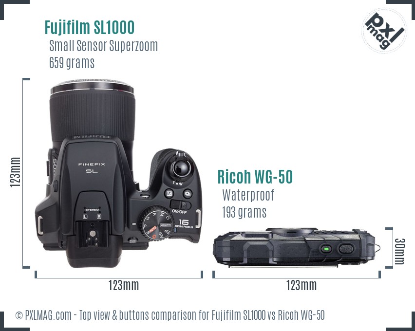 Fujifilm SL1000 vs Ricoh WG-50 top view buttons comparison