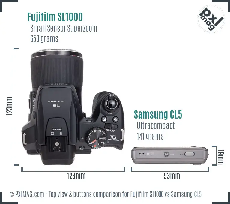 Fujifilm SL1000 vs Samsung CL5 top view buttons comparison