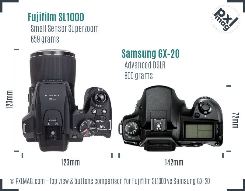 Fujifilm SL1000 vs Samsung GX-20 top view buttons comparison