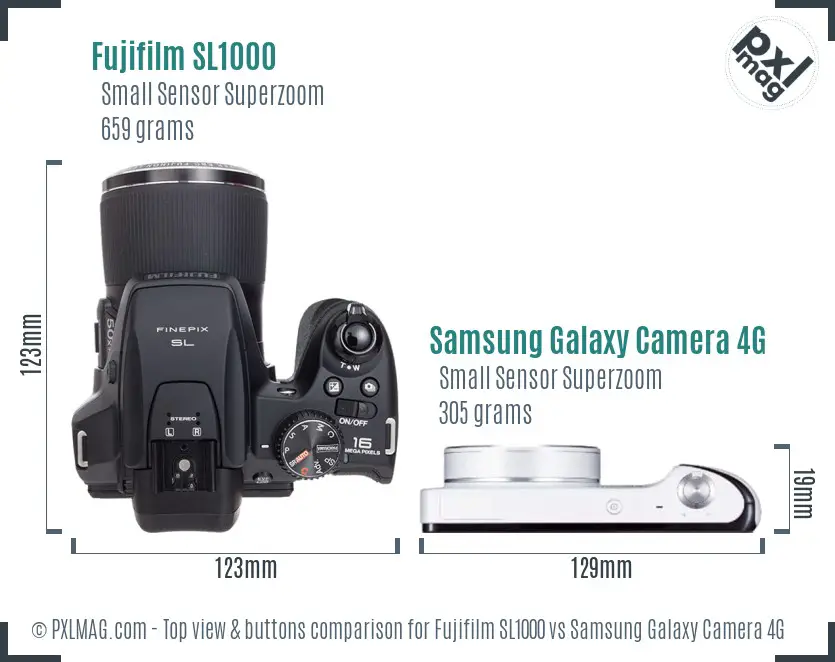 Fujifilm SL1000 vs Samsung Galaxy Camera 4G top view buttons comparison