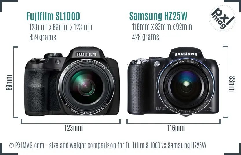 Fujifilm SL1000 vs Samsung HZ25W size comparison